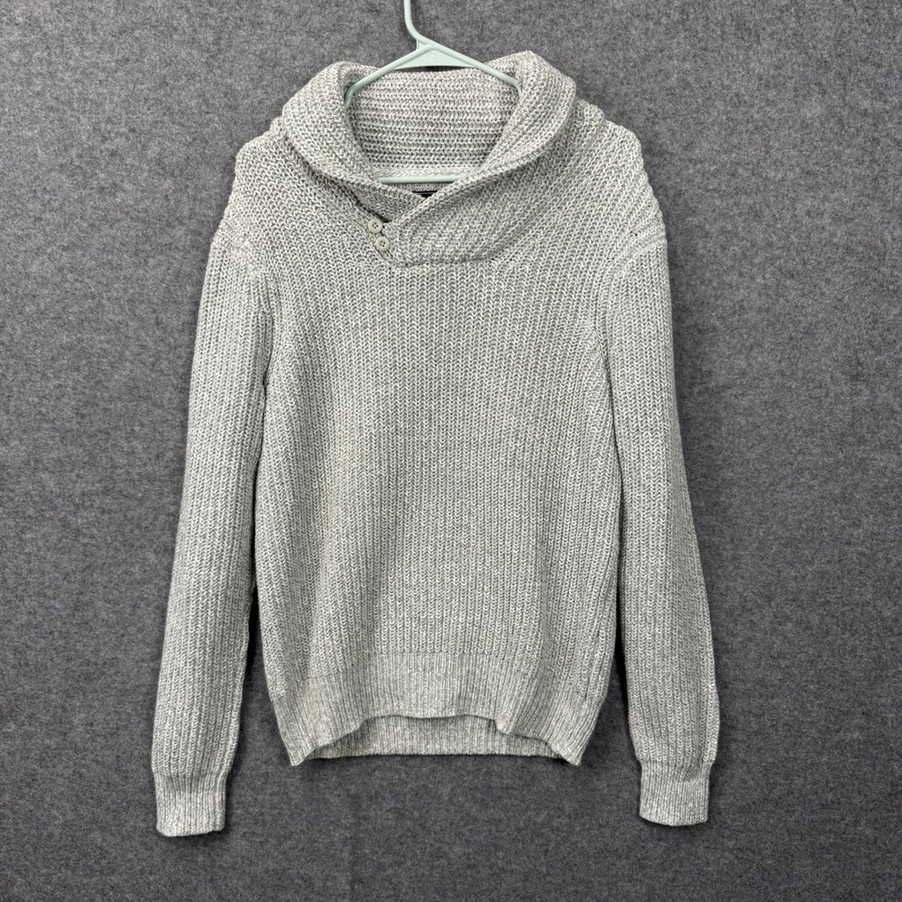 Express Mens Shawl Collar Pullover Sweater Grey Ribbed Knit Cotton Blend Size M